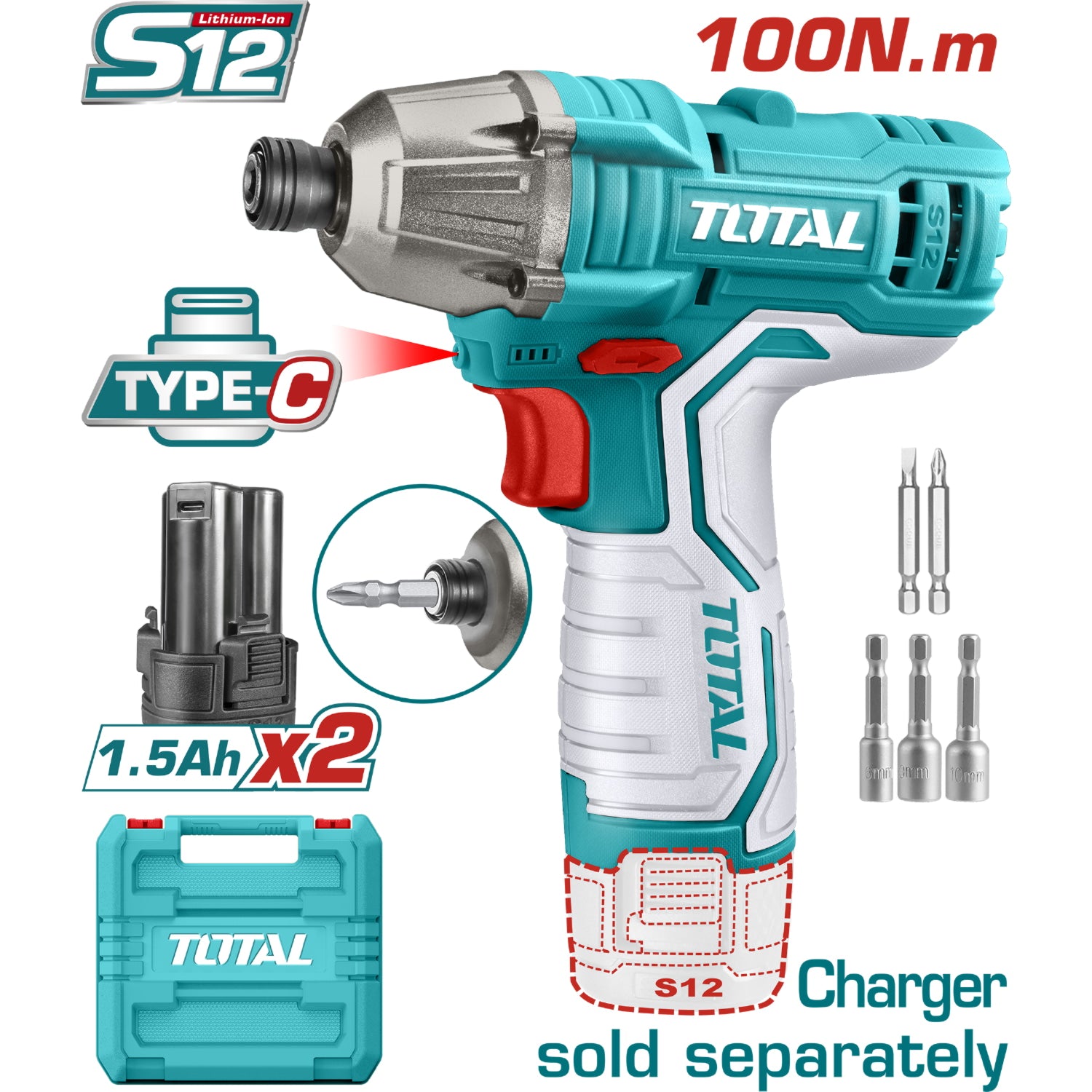 Llave de drill Impacto Inalámbrico HEXAGONAL 12V 1/4" 100Nm 2000rpm 2800bpm. No incluye cargador.