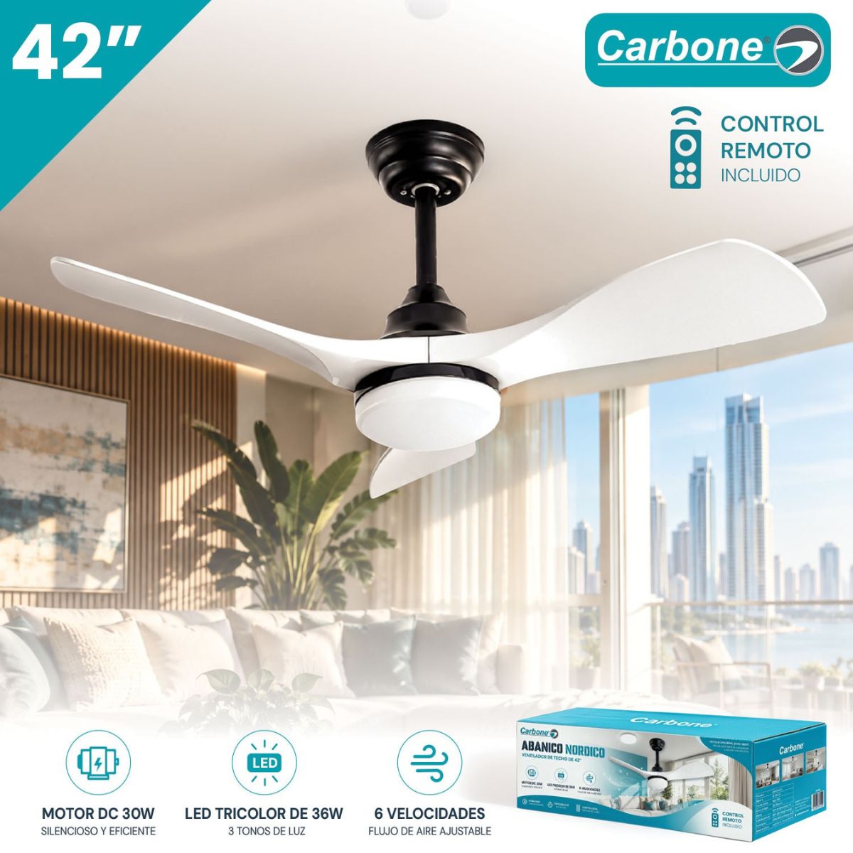 Abanico Nórdico de Techo LED 3 Tonos de Luz 42" 36W con Control Remoto 6 Velocidades. Ventilador Reversible con Temporizador Motor DC 30W. Aspas Color Blanco