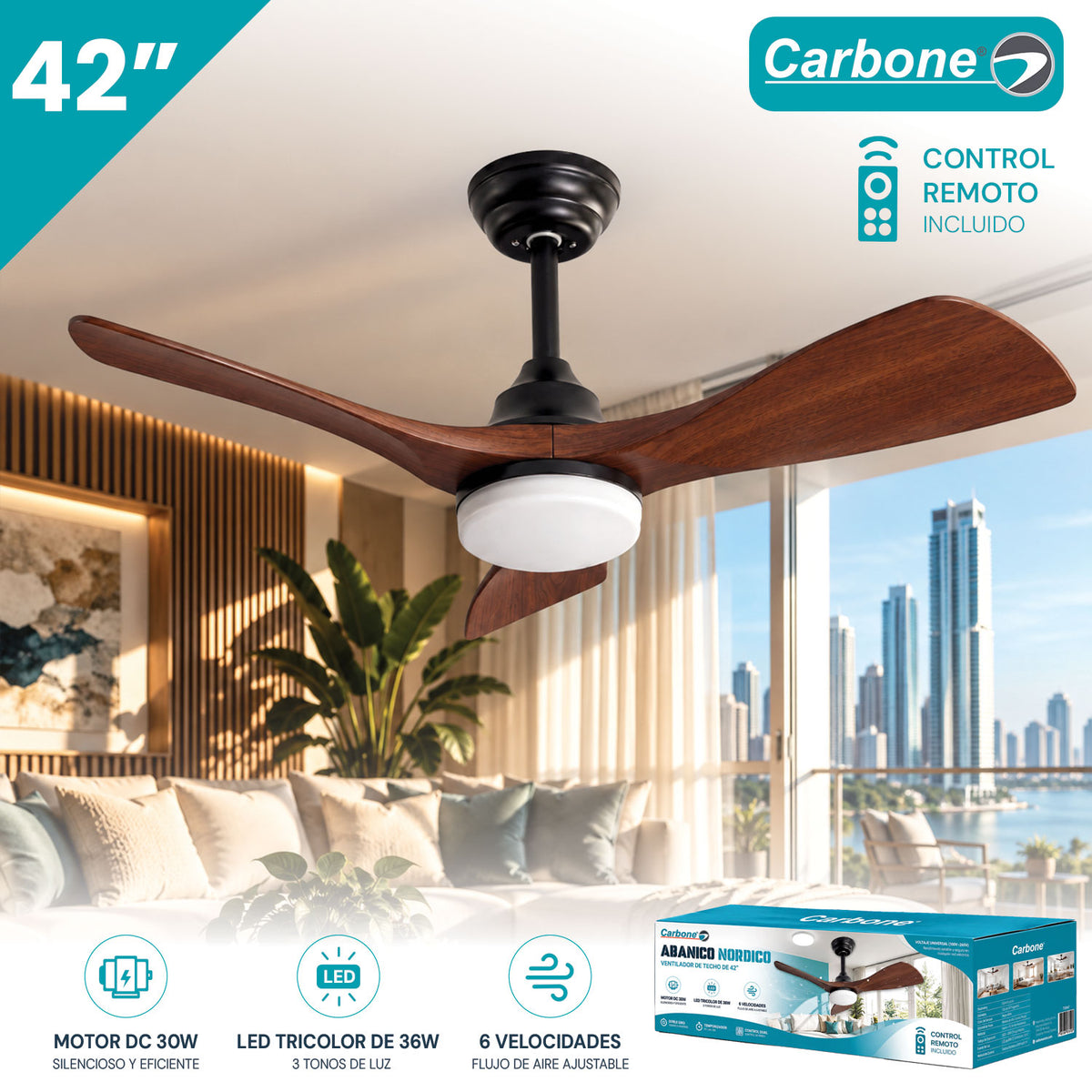 Abanico Nórdico de Techo LED 3 Tonos de Luz 42" 36W con Control Remoto 6 Velocidades. Ventilador Reversible con Temporizador Motor DC 30W. Aspas Color Madera Chocolate