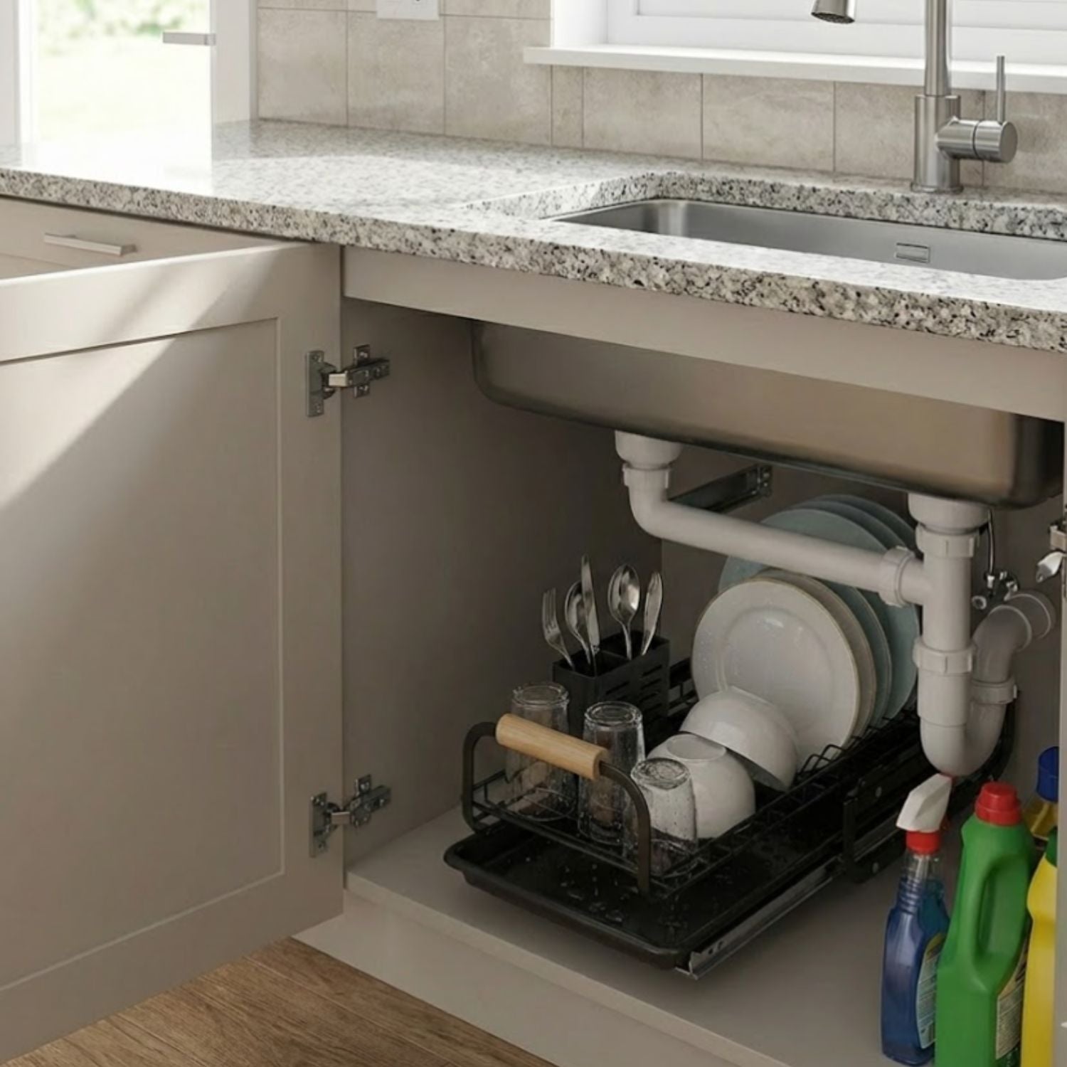 Organizador Escurridor de platos deslizable para gabinetes de cocina Color Negro 37x17.5x16cm Hierro. Acabado Duradero. Organizador de Vajillas.