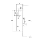 Cerradura de gancho para perfil angosto, con placa aluminio, doble cilindro ovalado con 3 llaves . C