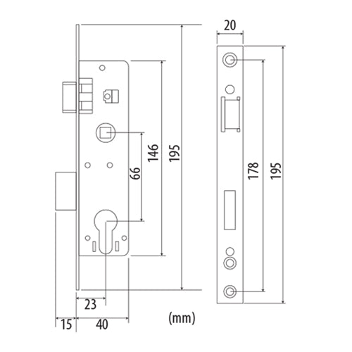 Cerradura perfil angosto de pestillo doble manija.color negro. Backset 23 mm; 14x38x146 mm. C-C 66 m