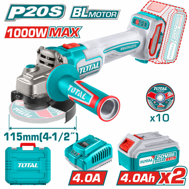 Flexible Esmeriladora Inalámbrica 4-1/2" 20V 1000W. Motor sin escobillas. Incluye Discos, Batería, Cargador Y Estuche. Esmeril Angular.