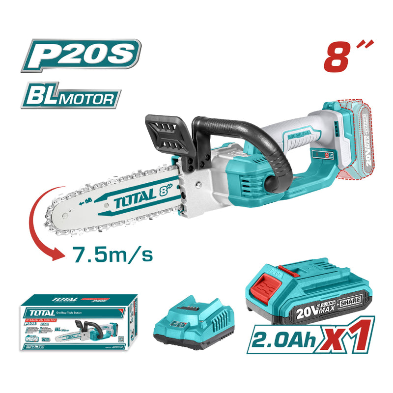 Mini Motosierra Inalámbrica 20V. Motor sin escobillas. 20cm. (Batería 2.0Ah, cargador y aceite)