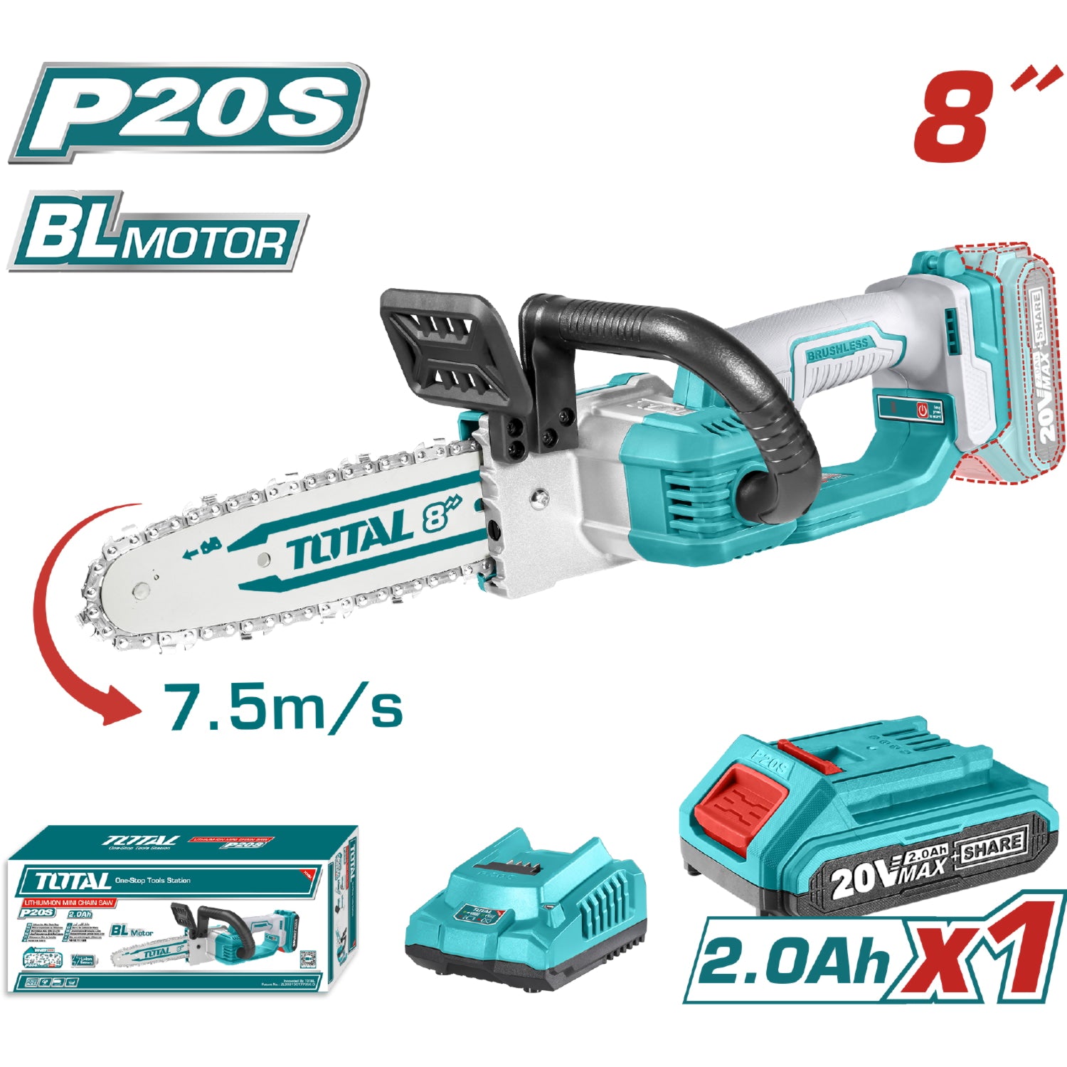 Mini Motosierra Inalámbrica 20V. Motor sin escobillas. 20cm. (Batería 2.0Ah, cargador y aceite)