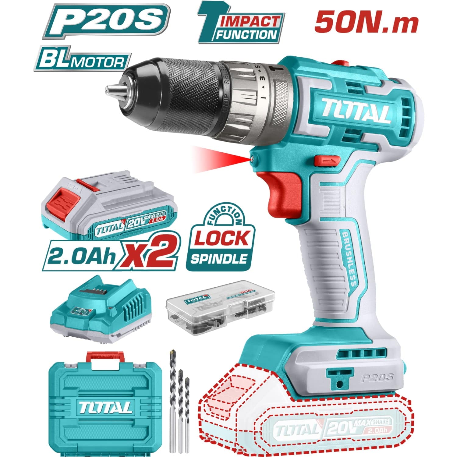 Drill Taladro Inalámbrico 3/8" 20V De Impacto (Sin Escobillas) Incluye Batería Y Cargador.