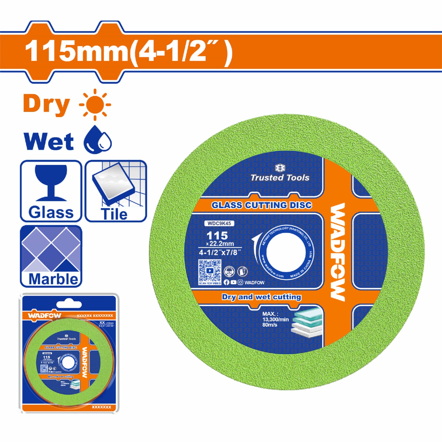 Disco de Corte Vidrio, Azulejos y Mosaicos 4-1/2" Húmedo y Seco Anillo 20mm. Ideal marmol,cuarzo y más.