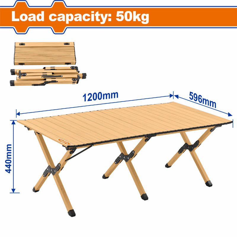 Mesas de exteriores plegable portátil. 50kg marco, piezas de conexión de acero, borde de plástico. Tamaño extendido: 1200x596x440mm Tamaño mesa: 1200x596mm. Diseño compacto.