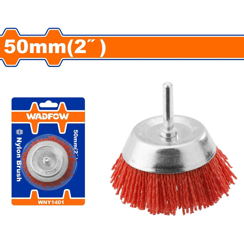 Cepillo de Nylon copa circular para taladro con vástago de 50mm. Long. Cable: 17mm.