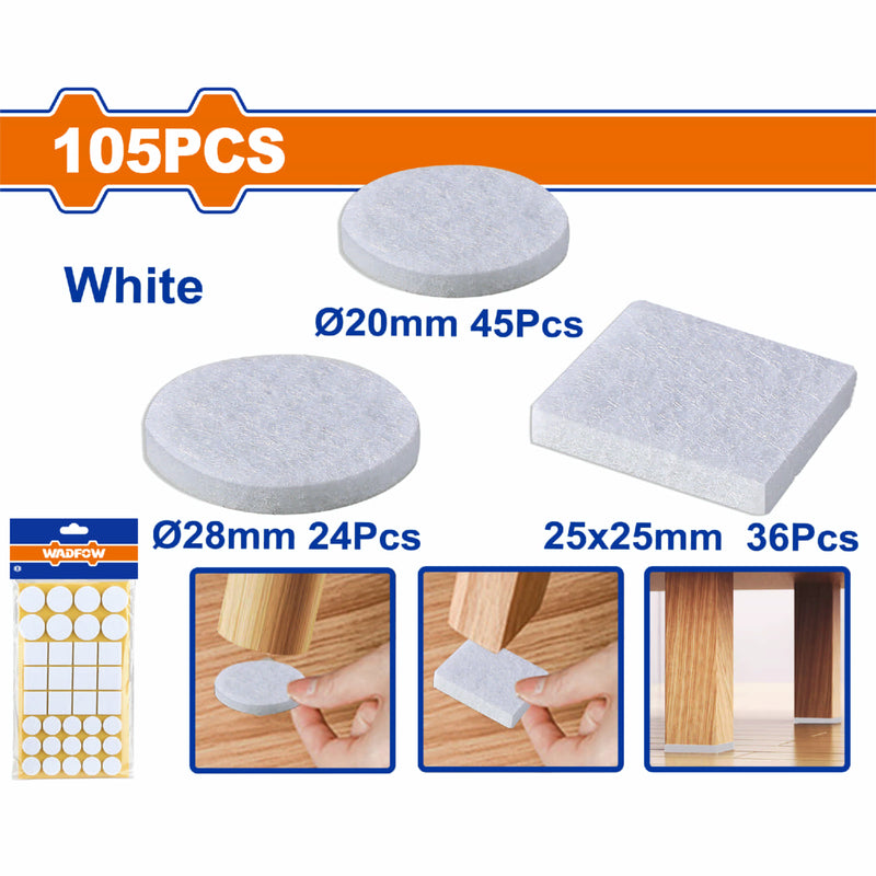 Almohadillas autoadhesivas color Blanco. Tamaños surtidos Grosor: 3mm Set de 105 piezas.  Fieltros parches deslizadores