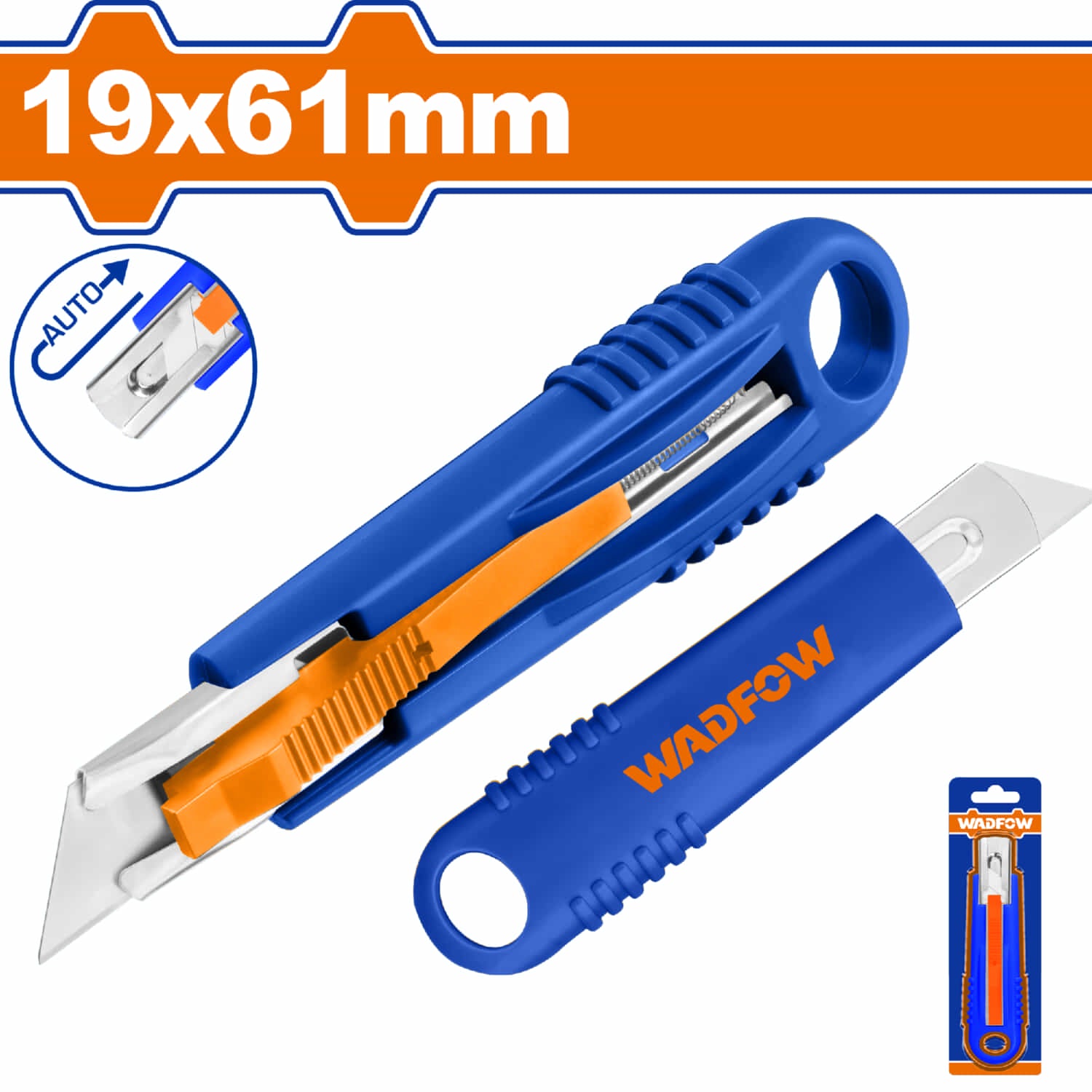 Exacto plástico auto retráctil 19x61mm. Ergonómico auto deslizante. Pulsador plano. 1 hoja. Cuchilla.