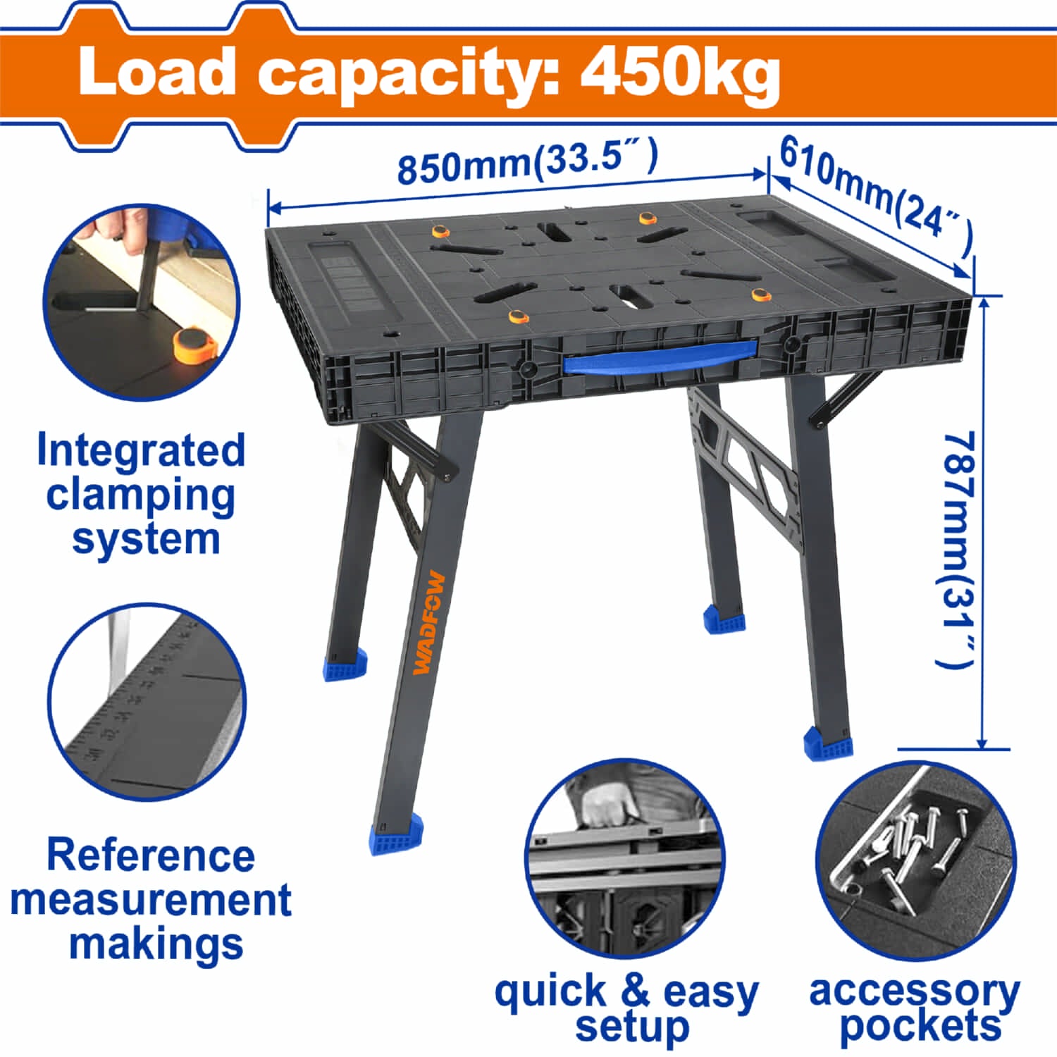 Mesa de Trabajo Banco Plegable Portátil. Cap 450Kg. Tamaño abierto: 850mmx610mmx787mm banquito