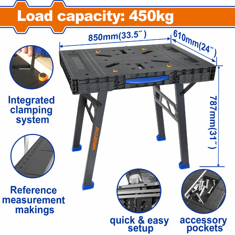Mesa de Trabajo Banco Plegable Portátil. Cap 450Kg. Tamaño abierto: 850mmx610mmx787mm banquito