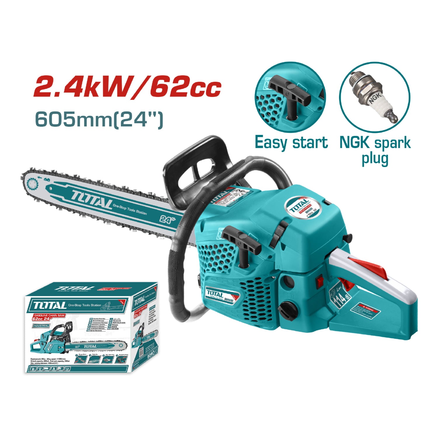 Motosierra 62 cc de 24". Tanque gasolina 550 ml. Tanque aceite 260 ml.