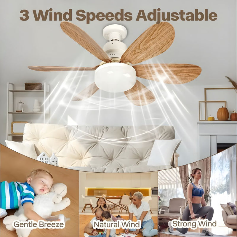 Abanico de Techo 20" Socket E27 con Luz LED 3 Tonos 3000/4000/6500K, 1900 Lúmenes, 6 Aspas, 3 Velocidades, 520x185mm. Color madera.