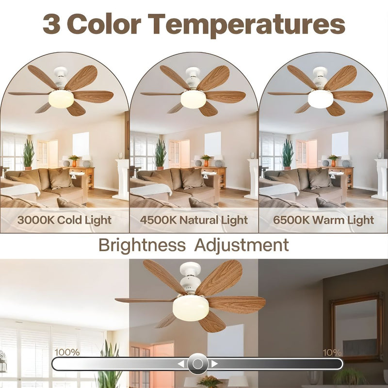 Abanico de Techo 20" Socket E27 con Luz LED 3 Tonos 3000/4000/6500K, 1900 Lúmenes, 6 Aspas, 3 Velocidades, 520x185mm. Color madera.