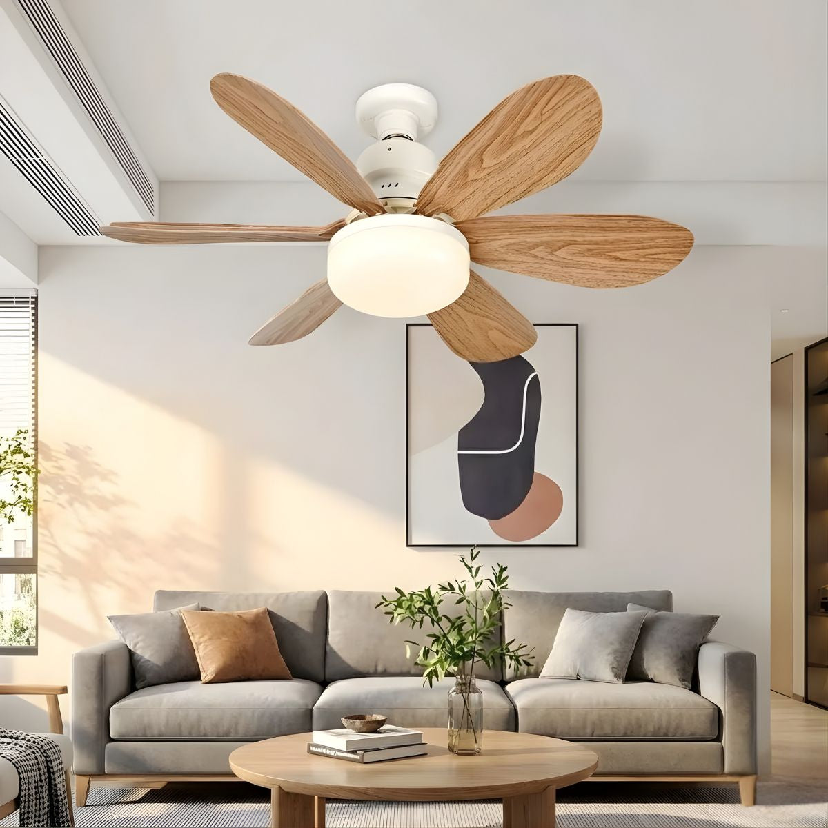 Abanico de Techo 20" Socket E27 con Luz LED 3 Tonos 3000/4000/6500K, 1900 Lúmenes, 6 Aspas, 3 Velocidades, 520x185mm. Color madera.