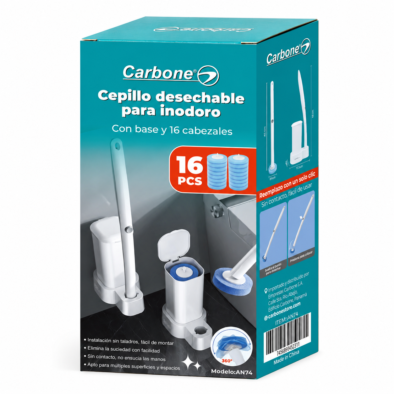 Cepillo Inodoro Desechable con 32 Repuestos y Detergente Integrado. Escobilla para Inodoro con Base Adhesiva de Pared (9.3x14.5x41.5cm) Limpieza de Servicio Retrete