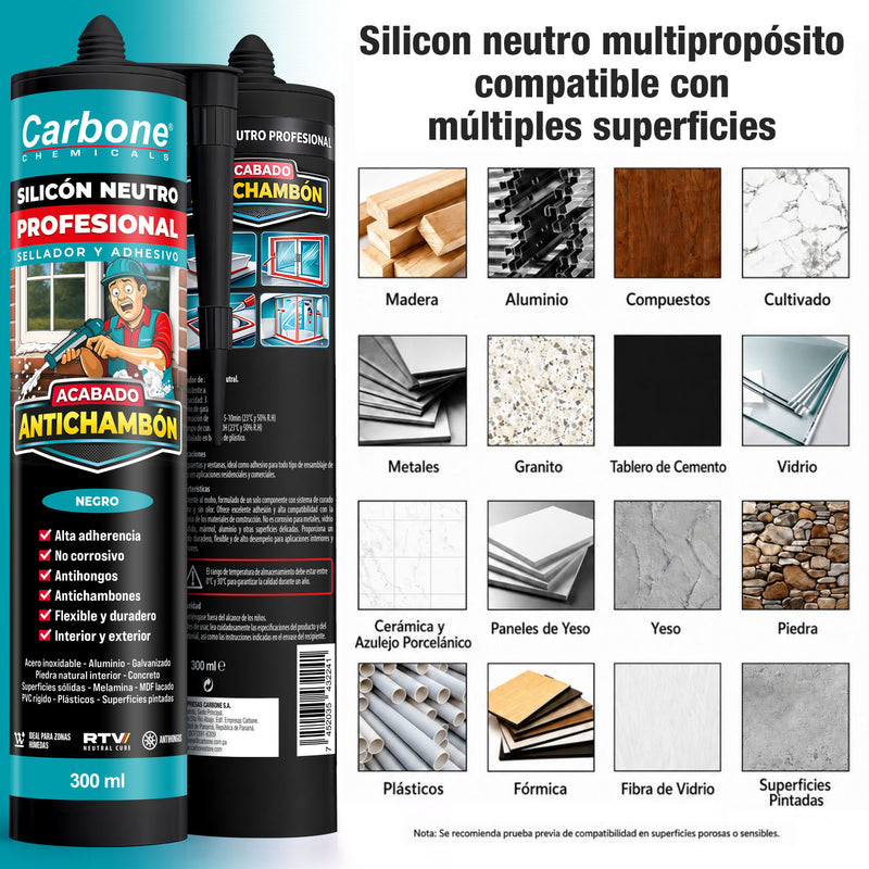 Silicón Neutro Negro Multipropósito Resistente a rayos UV 300 ml Calidad Profesional. Sellador Silicona.