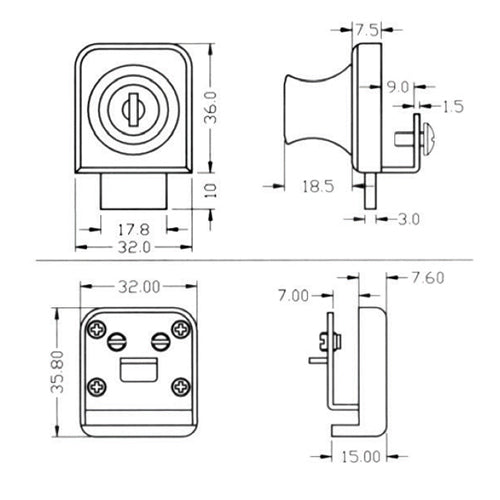 Cerradura 90 grados sin saques para vidrios de 5-6mm Cromada.