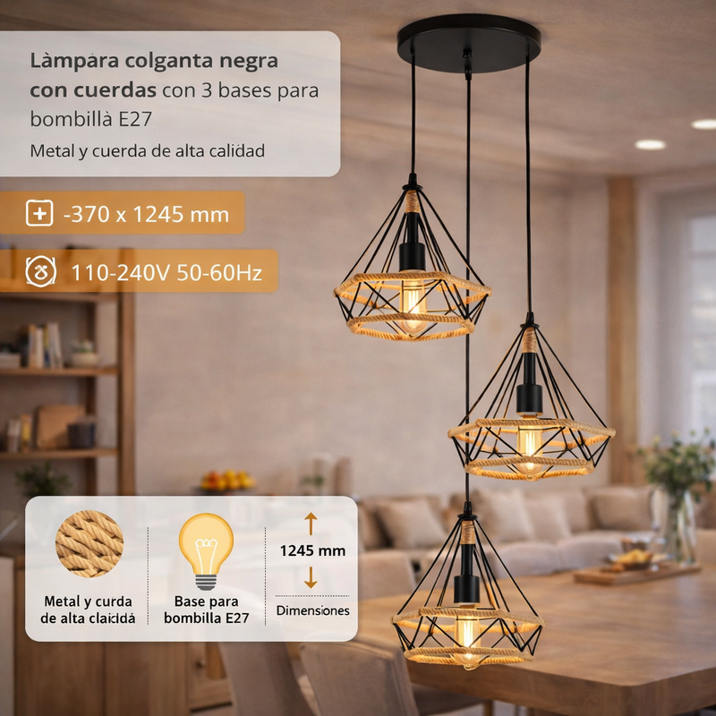 Lámpara Colgante Negra Moderna, 3XE27 Iluminación Elegante 370x1245mm