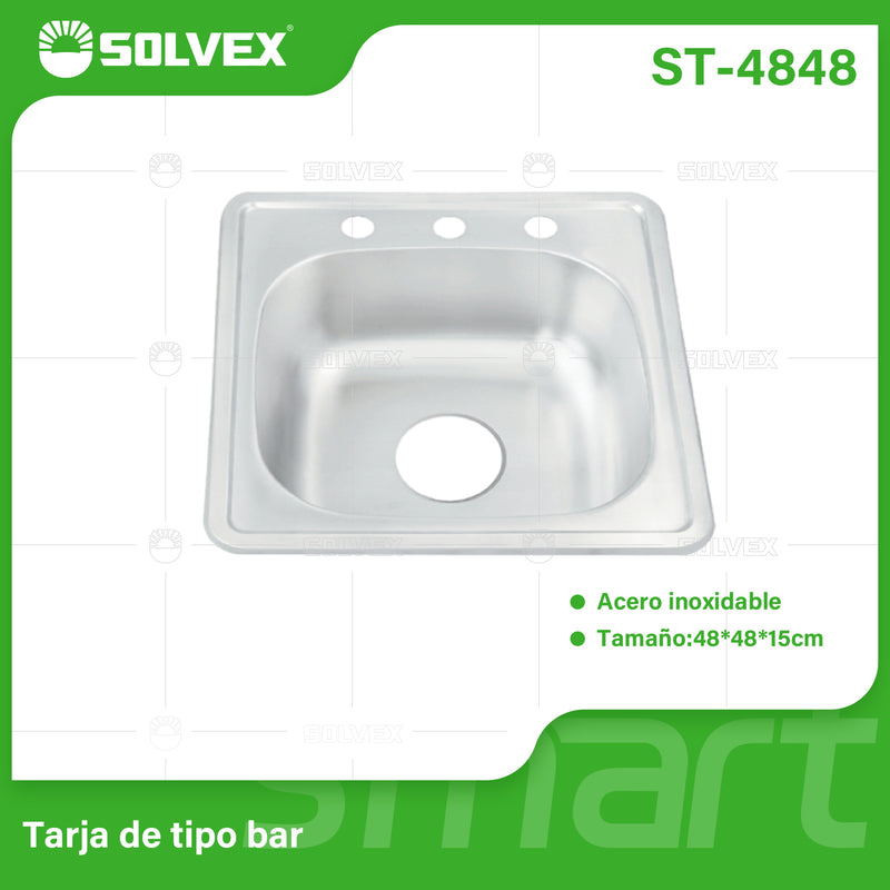 fregador de Cocina Tipo Bar 48x48x15cm. Acero Inoxidable con 3 Orificios para Grifo. Superficie Cepillada.