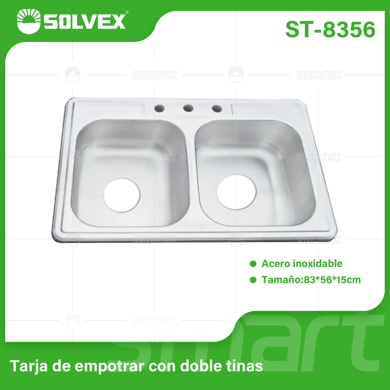 fregador de Cocina Doble Tina 83x56x15cm. Acero Inoxidable con 3 Orificios para Grifo. Superficie Cepillada.