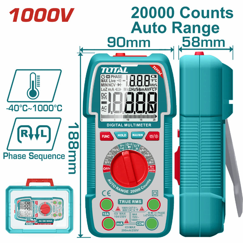 Multímetro digital rango automático de 20000 conteos. Con Retención De Datos. Resistencia 200.00Ω. Detección de voltaje sin contacto.