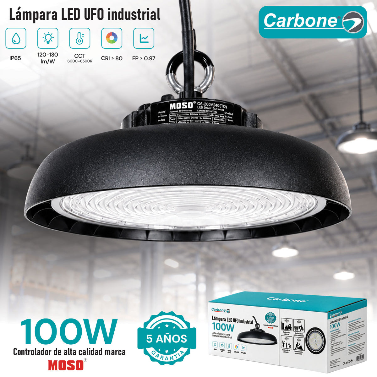 Lámpara LED UFO Industrial 100W High Bay IP65 6500K. Iluminación Potente. Ideal Para Bodegas Galeras Talleres Y Comercios (250x143mm).