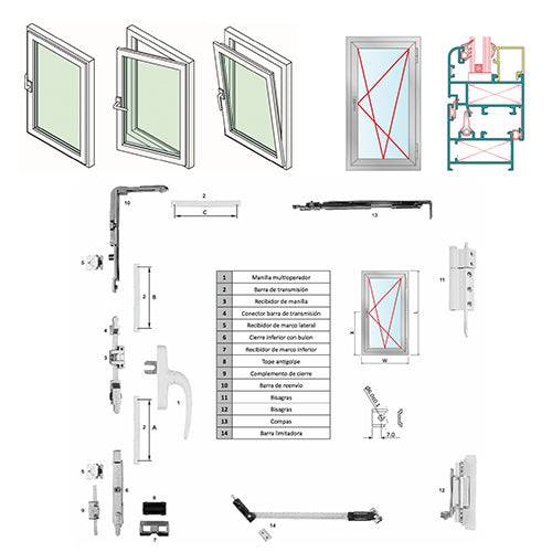 Para Sistema De Ventana Abisagrada De 45 Mm. Incluye Manilla, Bisagra, Cierres, Barra De Transmision