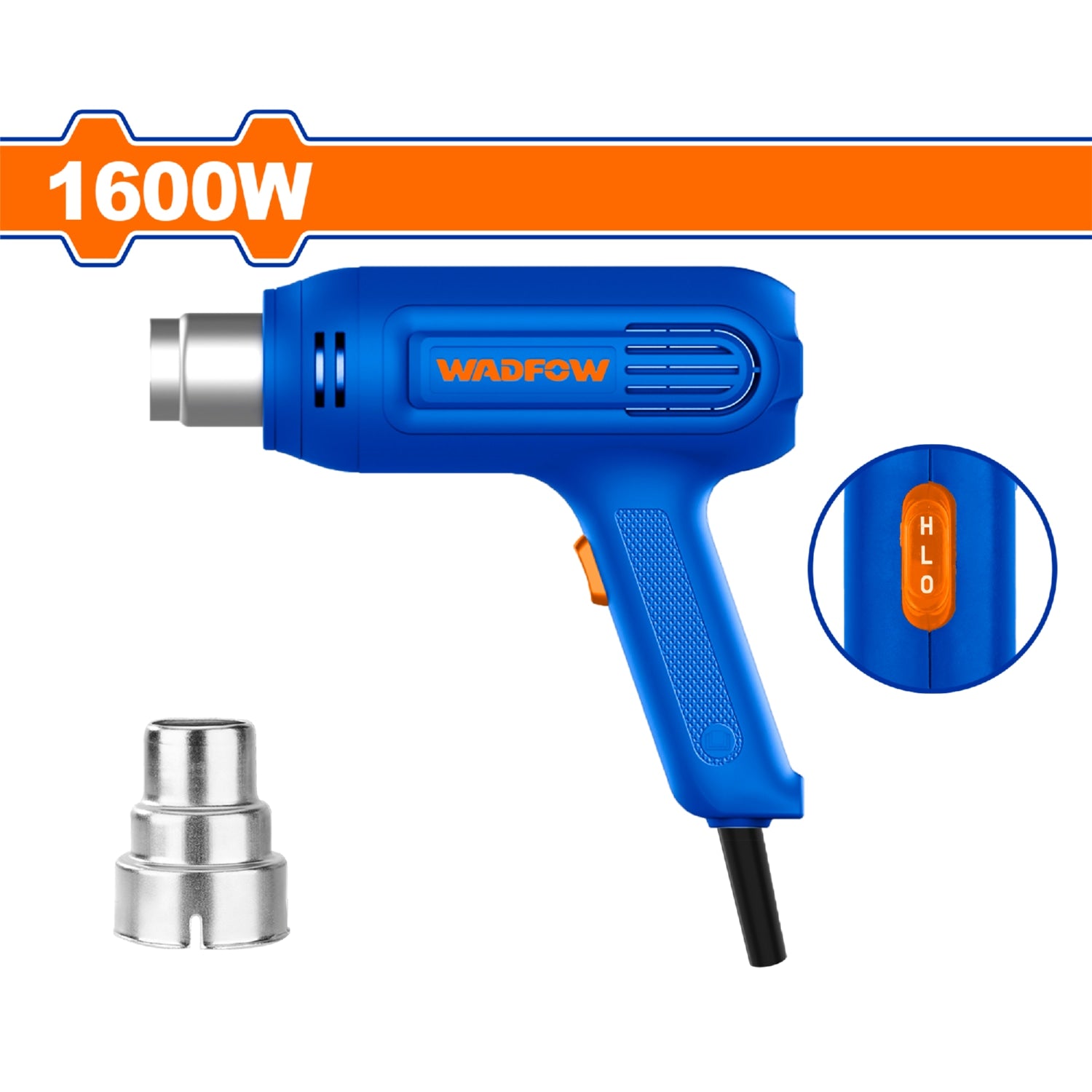 Pistola de Calor 1600W Temp 400°C 500°C. Flujo de aire: 250 480 L min. Incluye:  Boquilla  Aire caliente