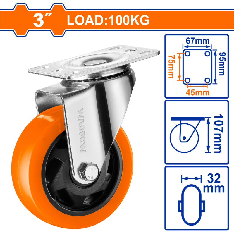 Rueda giratoria 3" Serie trabajo mediano Carga 100Kg Poliuretano PU naranja