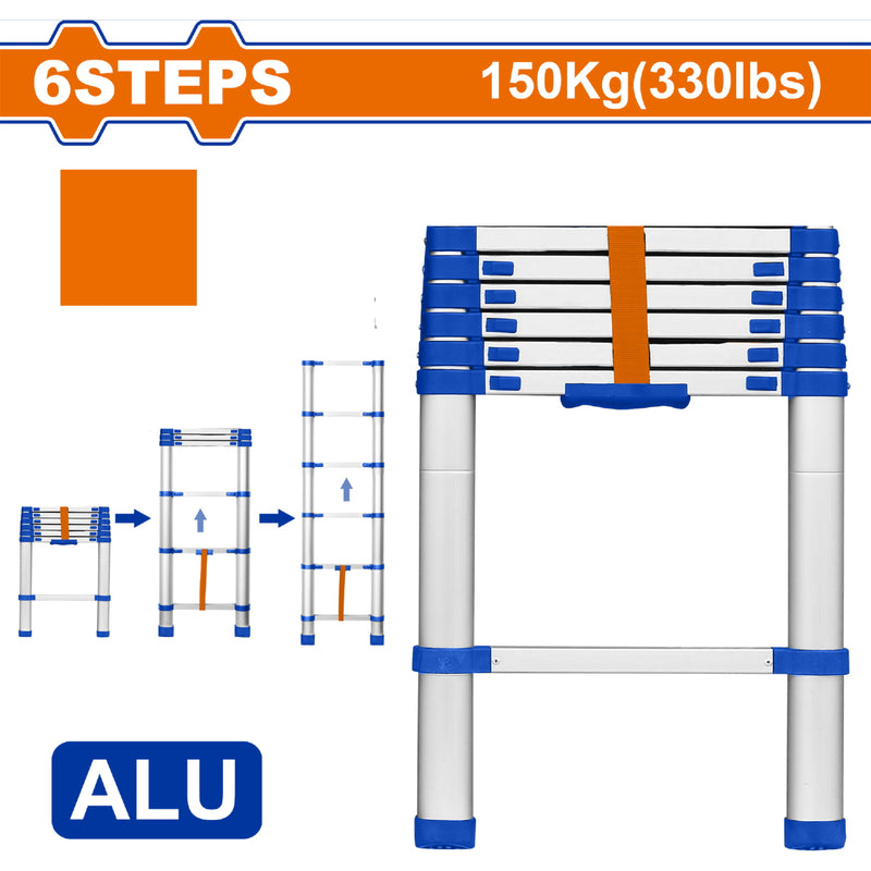 Escalera telescópica de Aluminio de 6 escalones. Altura de paso: 300mm. Carga máxima: 150Kg.