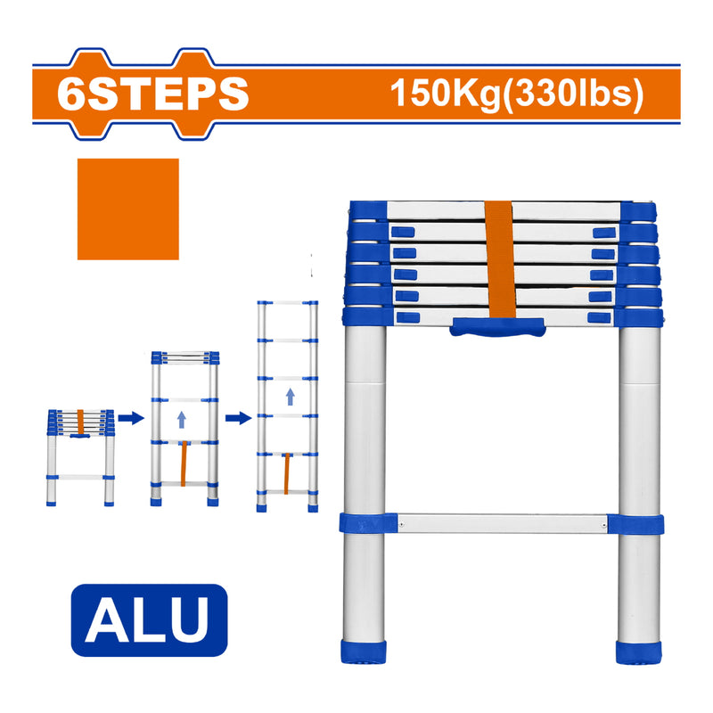 Escalera telescópica de Aluminio de 6 escalones. Altura de paso: 300mm. Carga máxima: 150Kg.