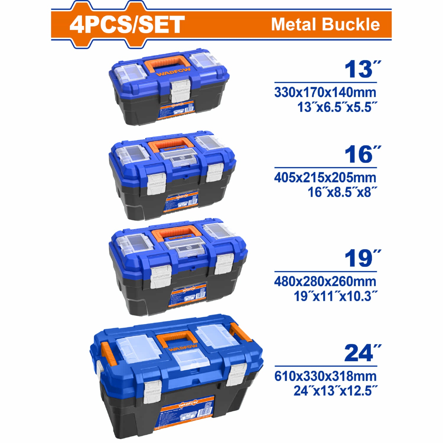 Cajas de Herramientas Plástico Set de 4 (13", 16", 19",24") con almacenamiento. Cierre metálico. Combo juego