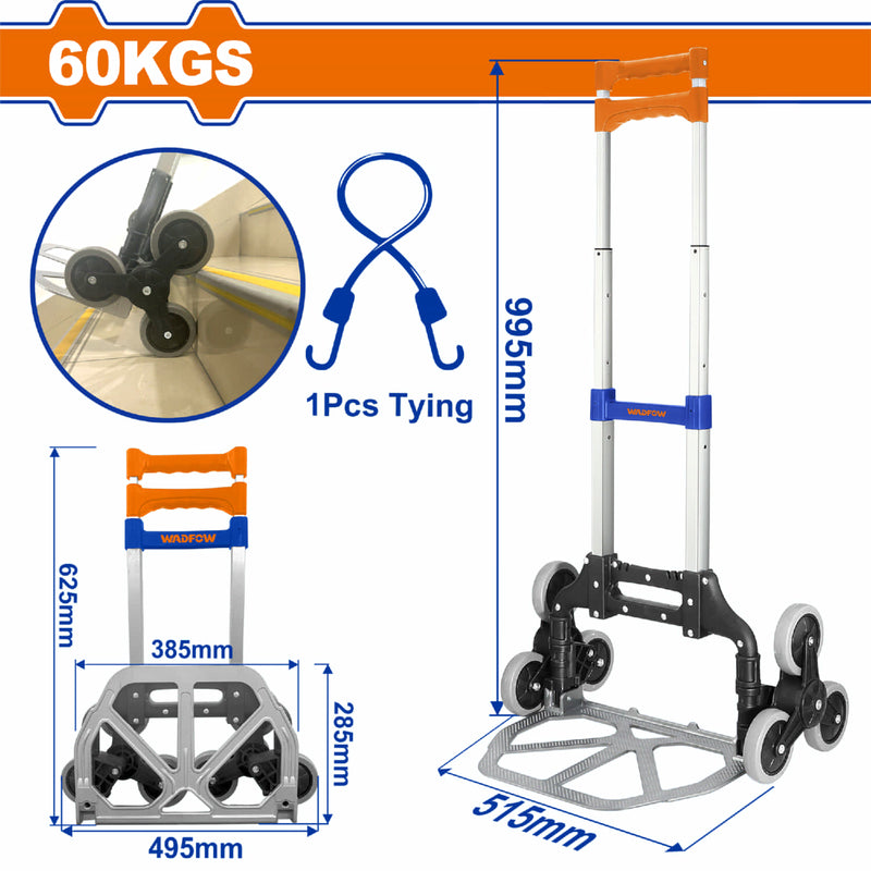Carretilla de Carga Plegable 60 Kgs. Diseño 3 ruedas. Ideal para escalones. Extendido: 420x515x995mm. Plegado: 495x115x625mm Incluye cuerda elástica. Trolley con ruedas plegable.