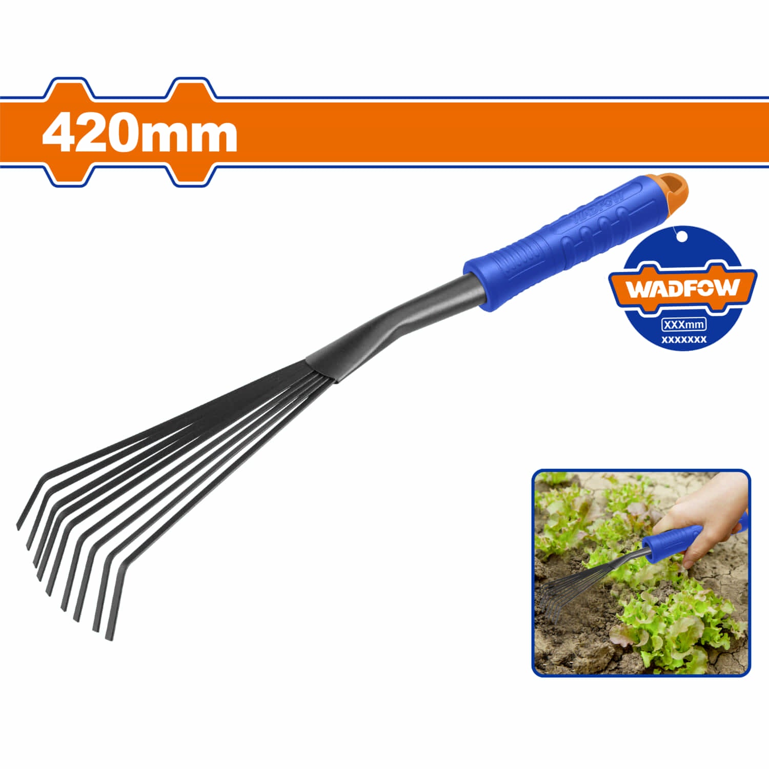 Rastrillo de Jardinería 420x135mm. Diseño único. Mango cómodo.