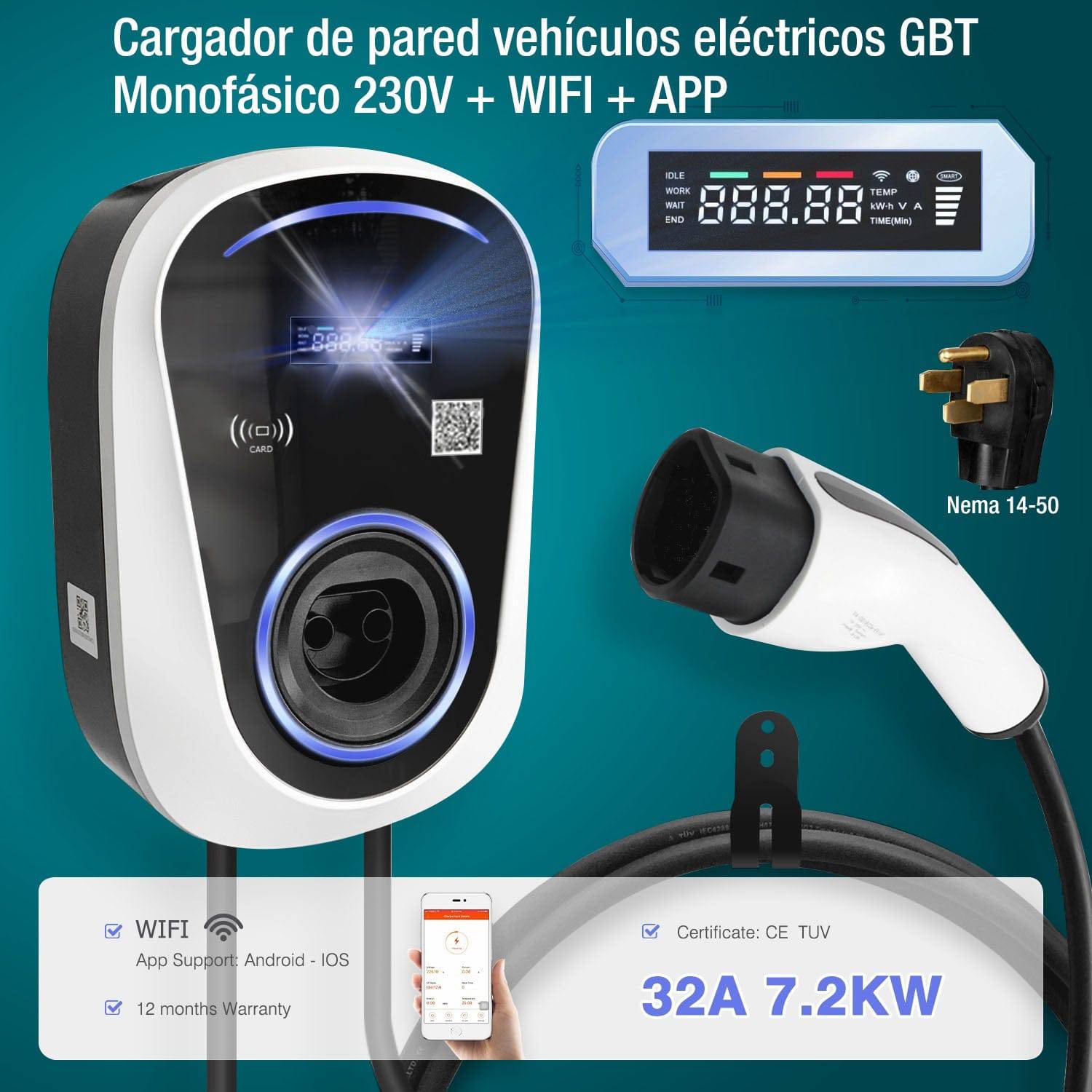 Cargador De Pared Vehículos Eléctricos GBT Nivel 2 Smart 7,2 Kw 32A Monofásico 230V + WIFI+ APP Duosida