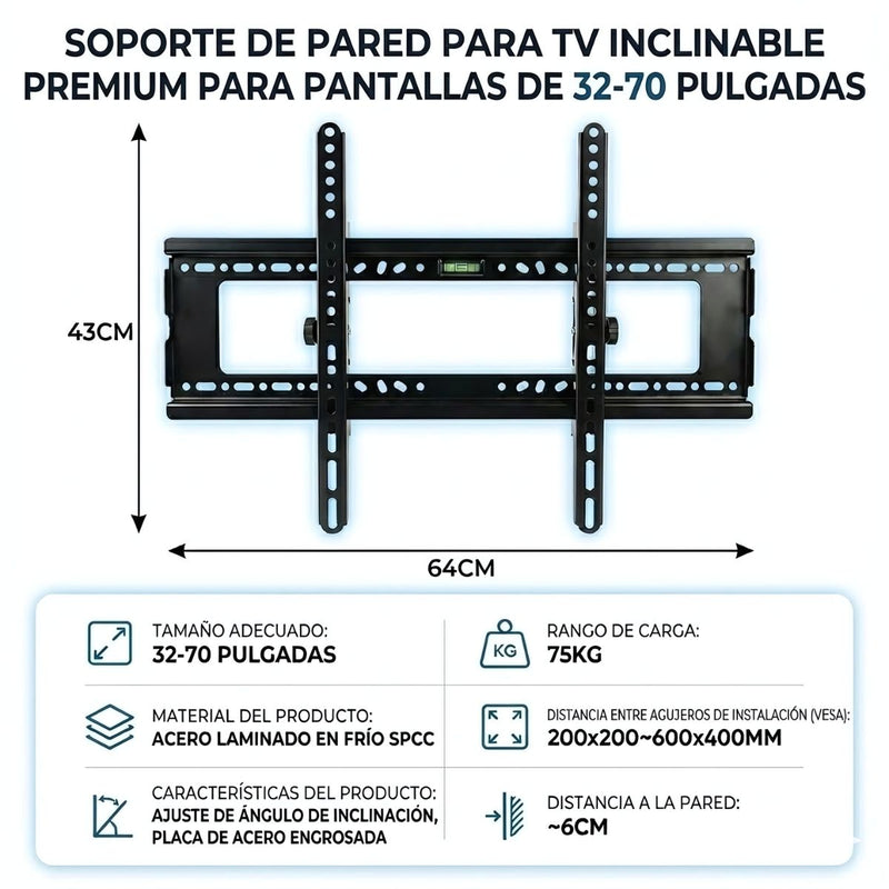 Soporte de TV Ajustable para Pantallas de 32-70''. Brazo de pared fijo para televisor.