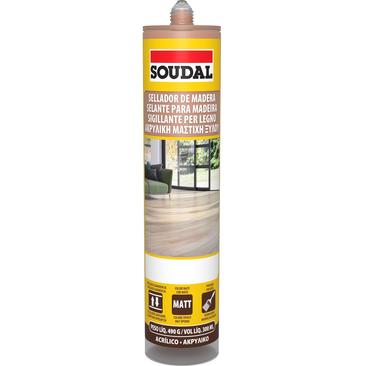 Sellador acrílico para madera, color cerezo. Soudal, 300 ml