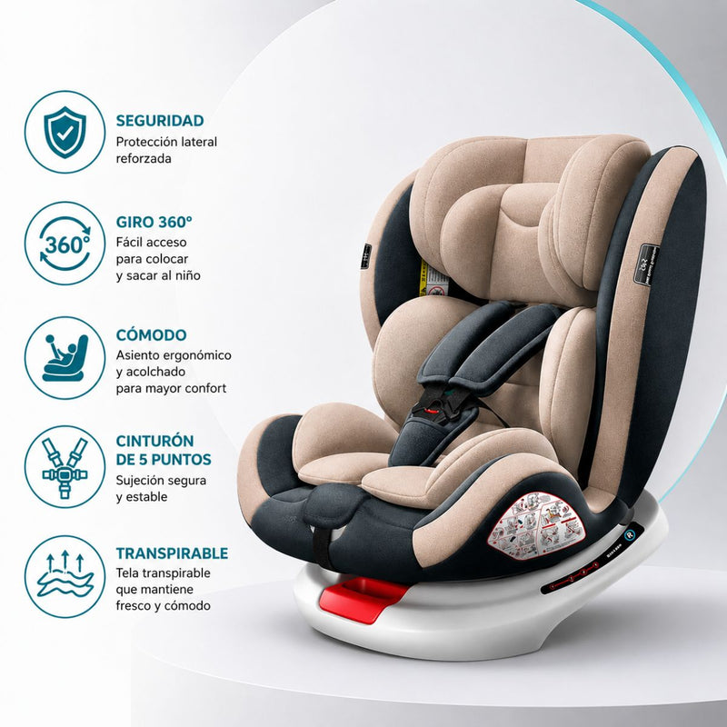 Silla de Carro para Bebé 360° con Cinturón de Seguridad. Asiento de Seguridad Infantil Reclinable y Ajustable. Color Beige
