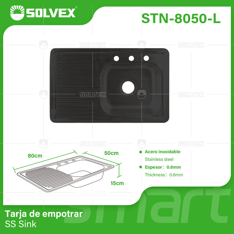 Fregador de Cocina Empotrable 80x50x15cm con Tina Izquierda. Acero Inoxidable. Color Negro.