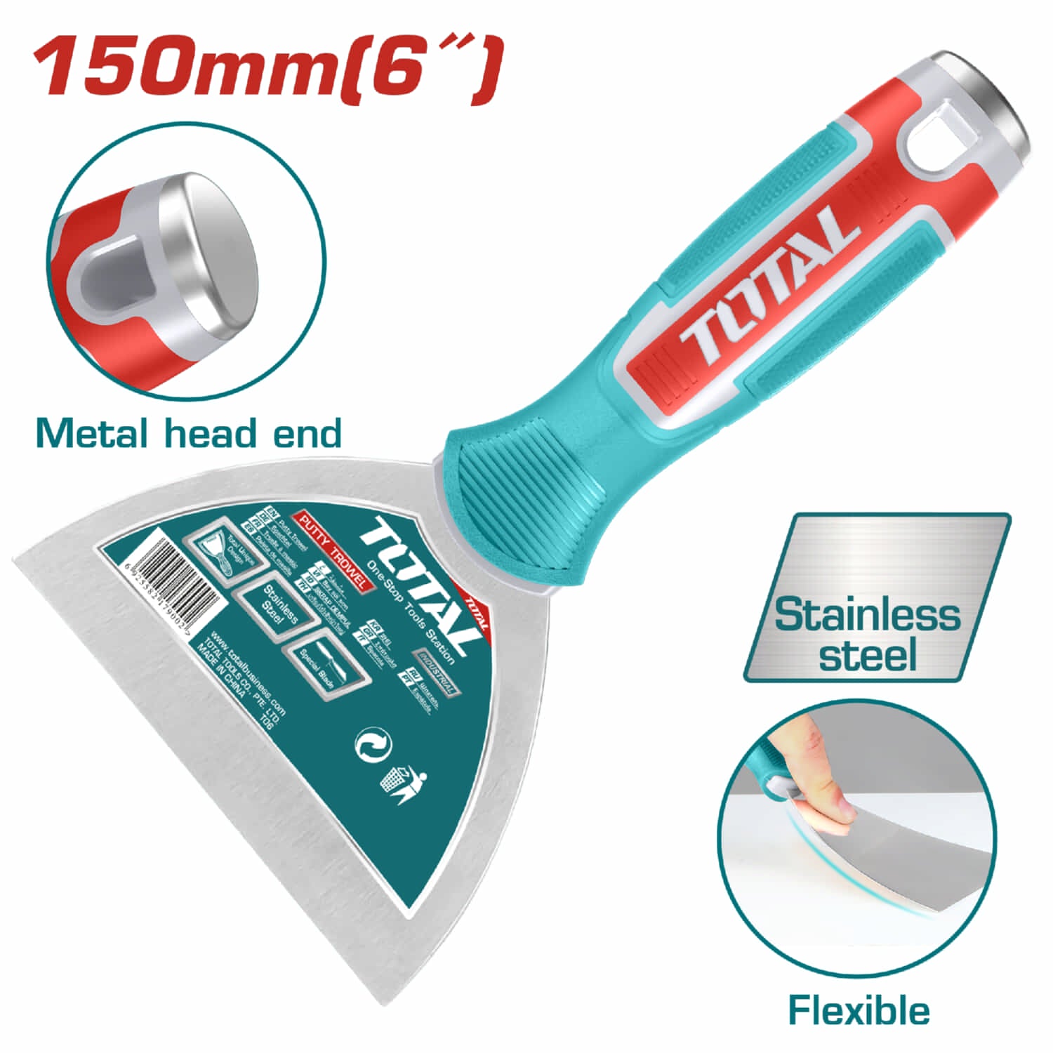 Espátula 6" Acero inoxidable con tratamiento térmico y pulido. Con mango de plástico y metal. Material Flexible.