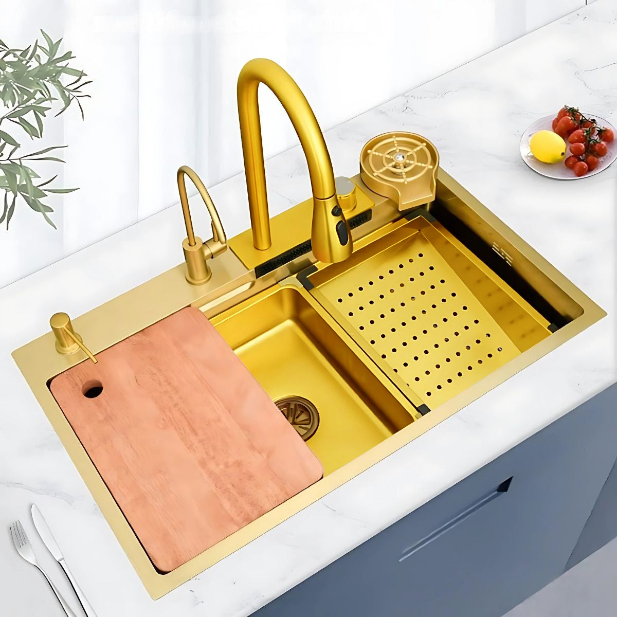 Fregador De Cocina Dorado Multifuncional Con Grifo Extraíble, Cascada Y Lavavasos De Alta Presión. Lavaplatos con Tabla de picar 75x45cm. Color Dorado.