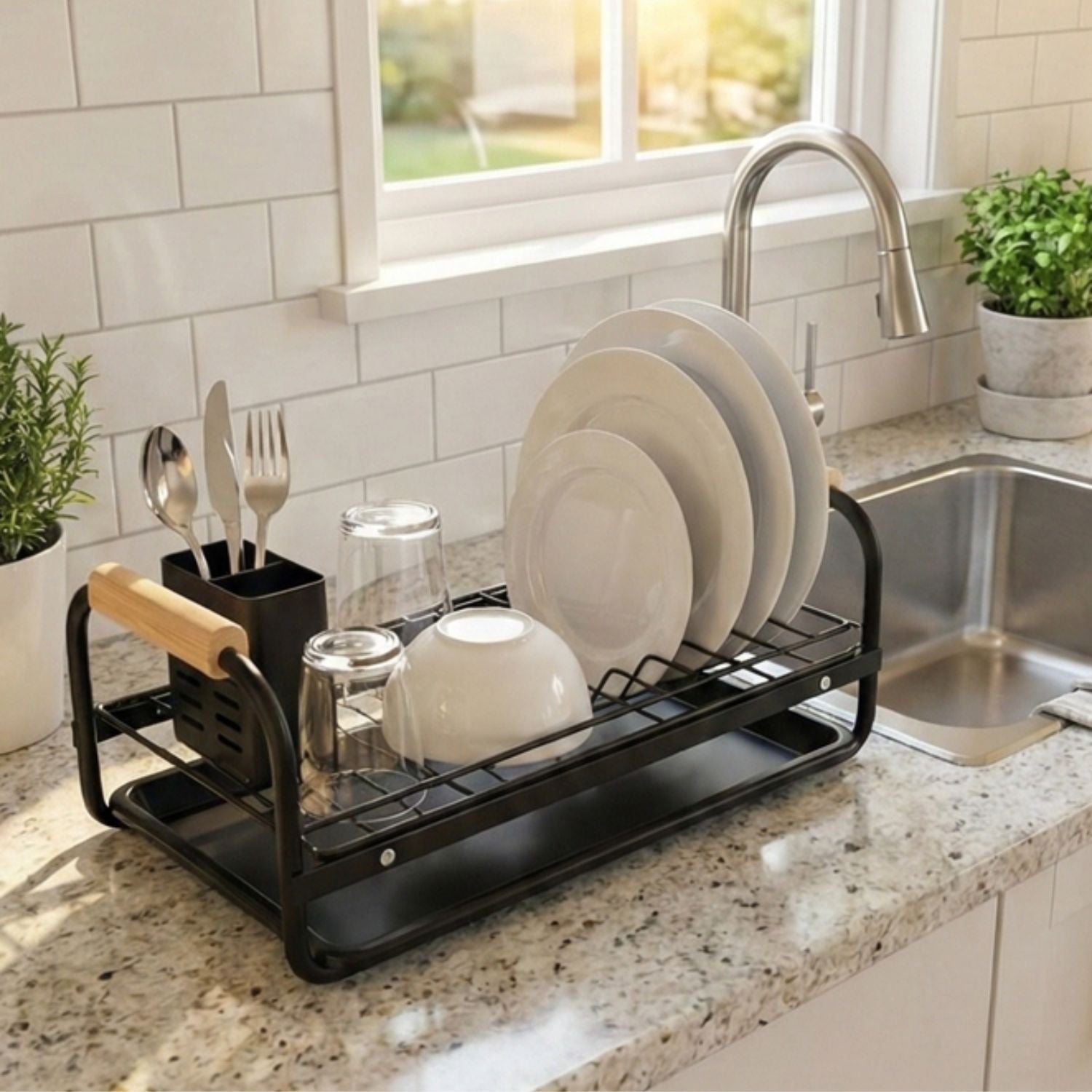 Escurridor organizador de platos deslizable porta cubiertos Color Negro 37x17.5x16cm Hierro. Para gabinetes de cocina Acabado duradero. Organizador de Vajillas