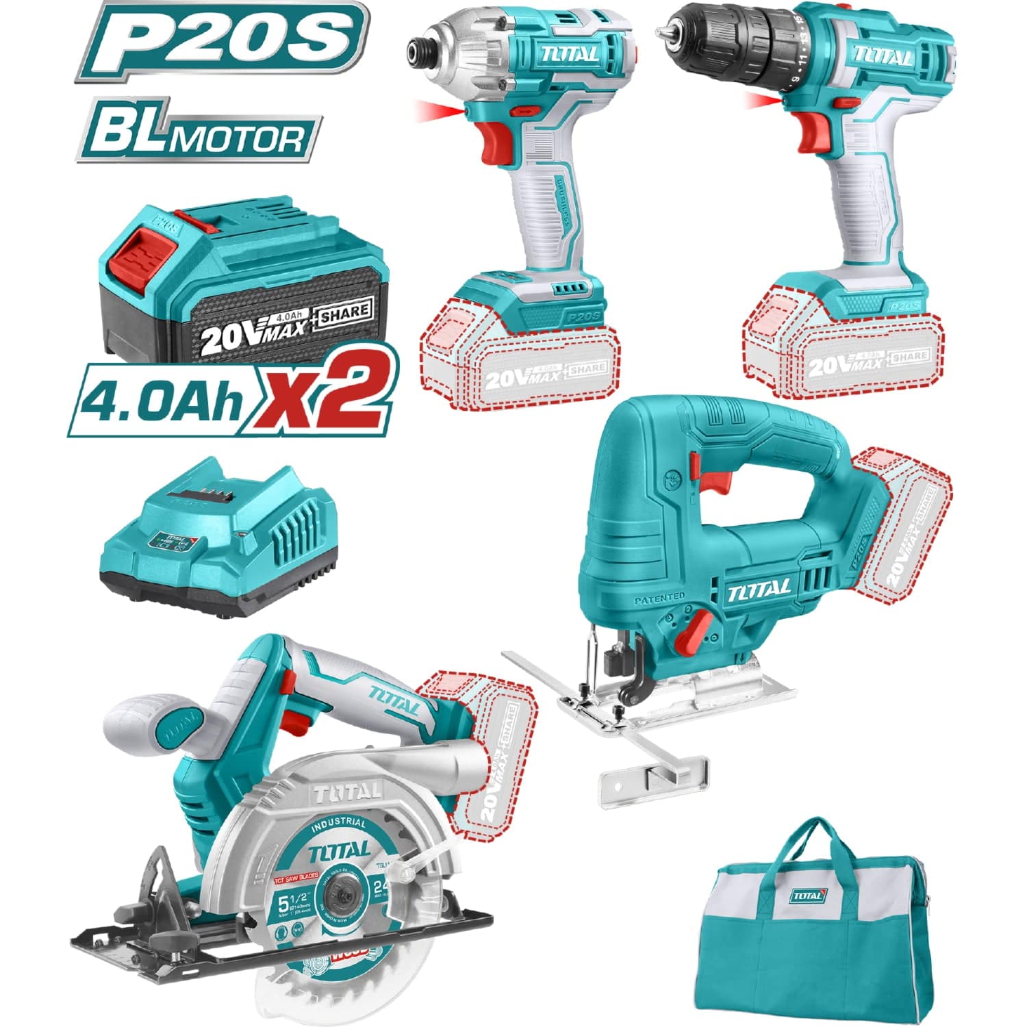 Combo 20V Inalámbrico Total Drill, Llave Impacto, Caladora, Sierra(2 Baterías 4A Carg. Y Bolso)