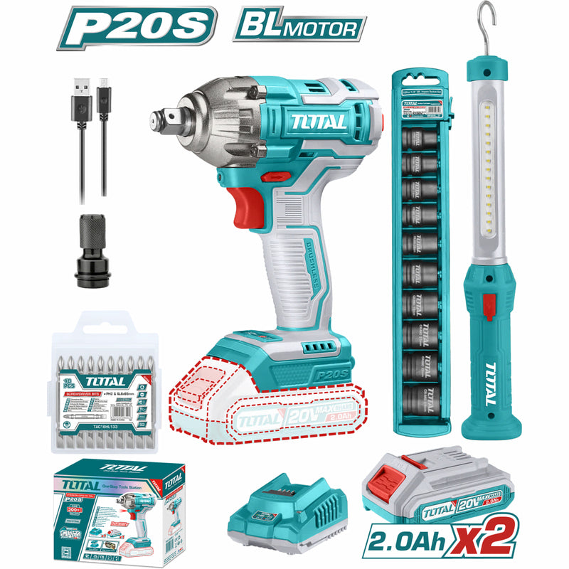 Llave de Impacto sin escobillas 20V 300Nm 3300 bpm y Lámpara de trabajo 3.5W. Incluye Batería cargador y cable USB. Pocas Unidades. Combo Total