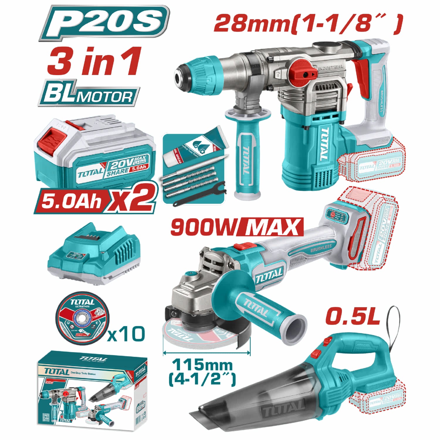Combo del mes Total 20V Rotomartillo 4400 bpm 4.5 J. Esmeriladora Angular 9000 rpm  diámetro 4-1/2'' Aspiradora Inalámbrica ≥9 kPa Incluye: Batería, Cargador y Accesorios. POCAS UNIDADES.