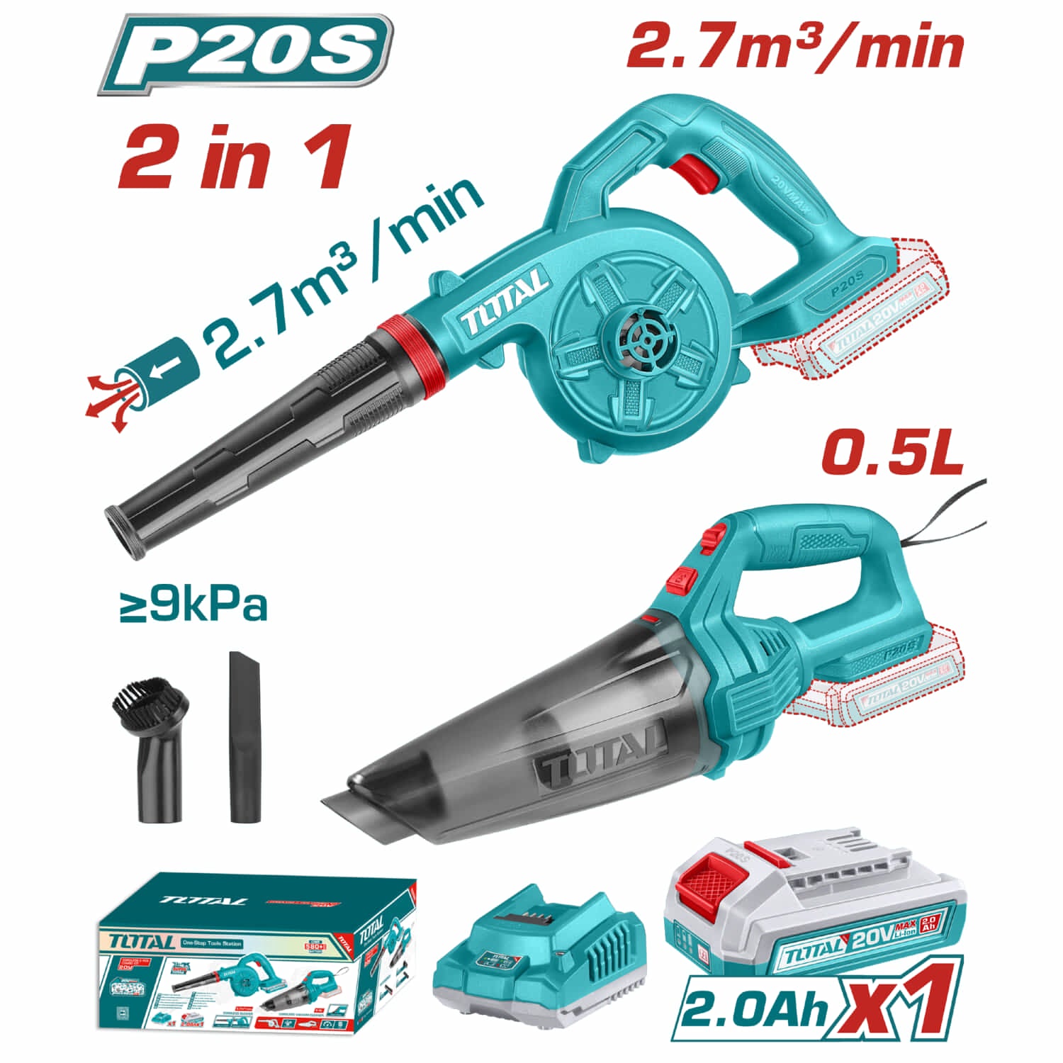Combo del mes Total 20V Aspiradora 0.5L ≥9 kPa. Sopladora 1800rpm 2.7m3 Incluye Batería Cargador y Accesorios. POCAS UNIDADES.