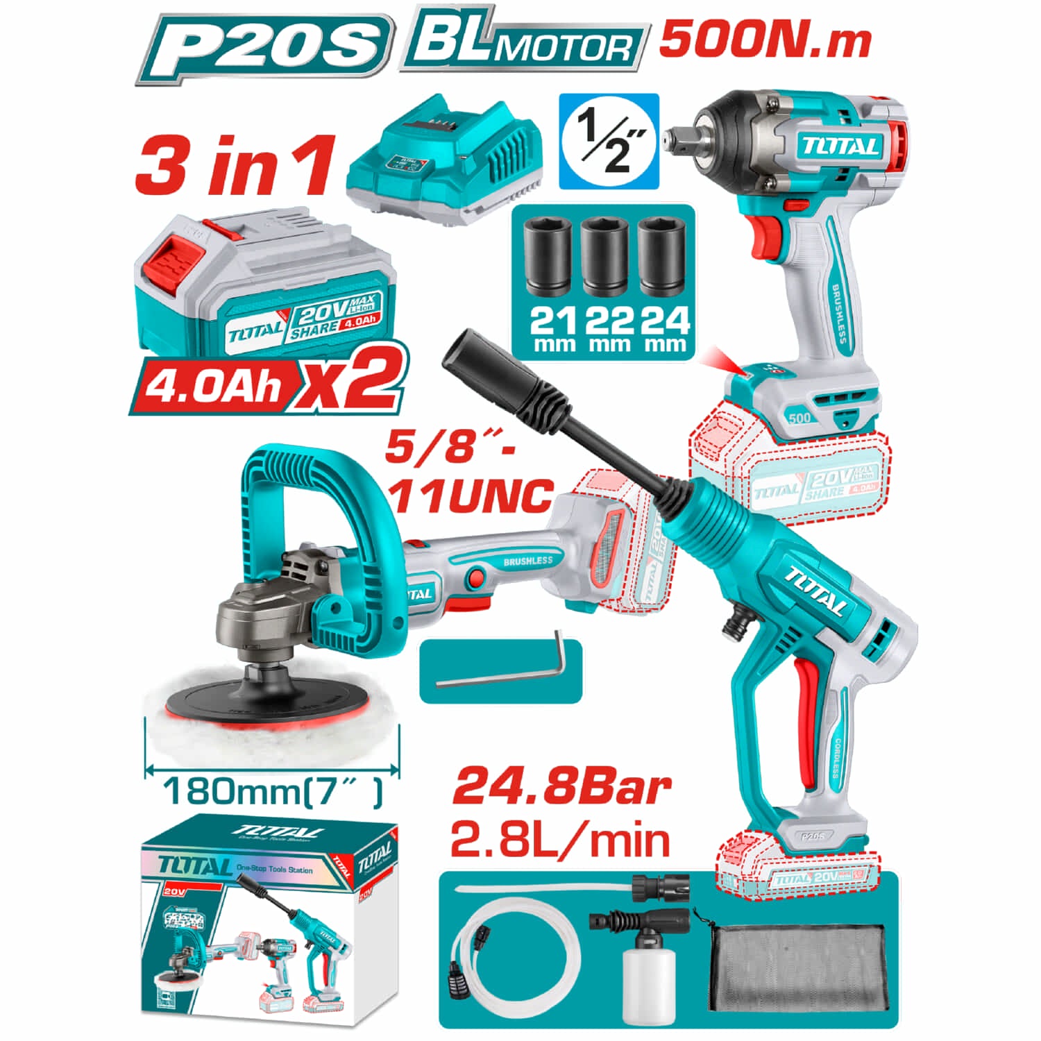 Combo Del Mes Total Pulidora Inalámbrica 20V Sin Escobillas 180 mm (7'‘) Llave de Impacto 1/2" 500 Nm Hidrolavadora 24.8 Bar  Batería Y Cargador. POCAS UNIDADES